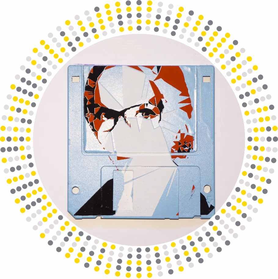 Serigraphy / Silkscreen of Milja on a 3.5" floppy disk. Contemporary artwork. Blue version