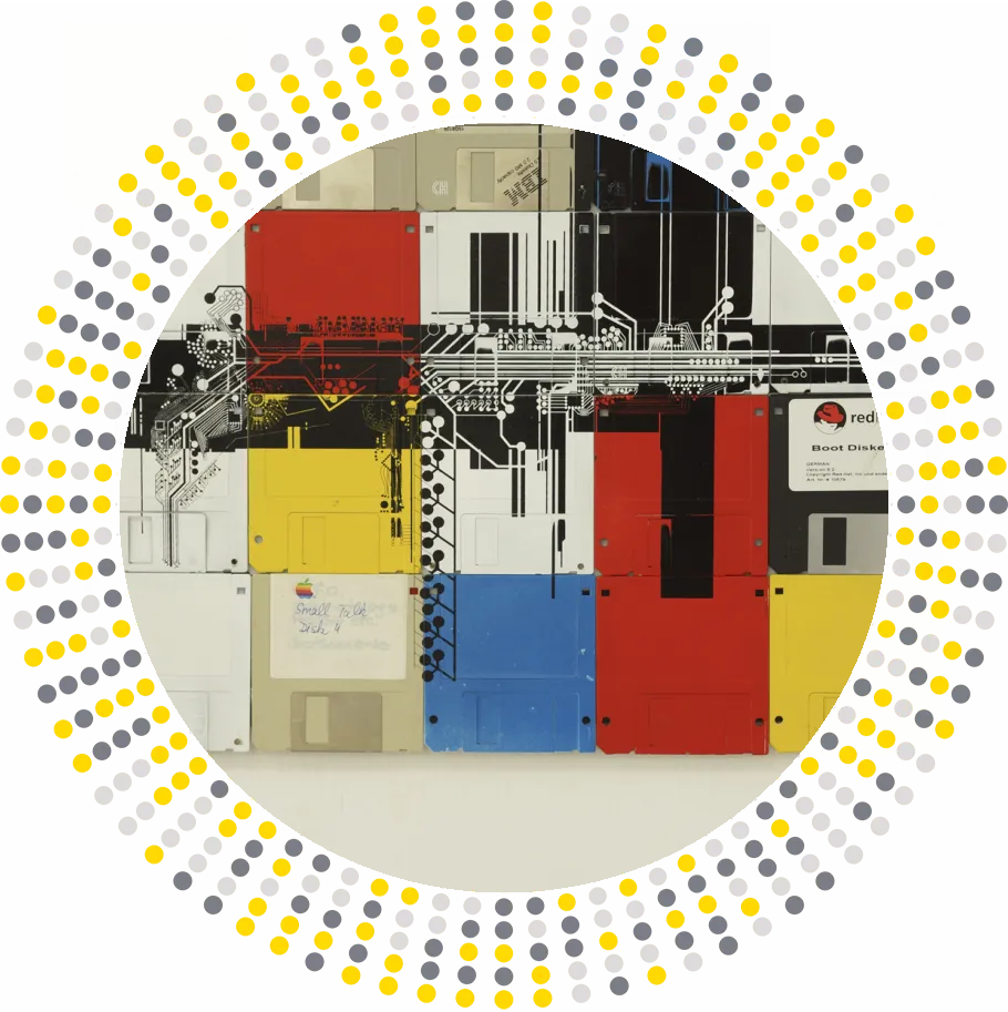 Uzi silk screening on 3.5" floppy disks - media art by Dominik Jais