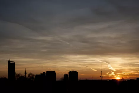 Sundown in Essen showing RWE Tower, Evonic Sundown in Essen showing RWE Tower, Evonic