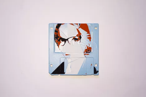 Serigraphy / Silkscreen of Milja on a 3.5" floppy disk. Contemporary artwork. Blue version Serigraphy / Silkscreen of Milja on a 3.5" floppy disk. Contemporary artwork. Blue version
