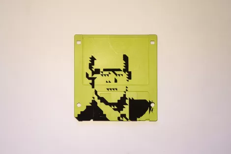 Silkscren of Klaus on a 3.5" floppy disk. Contemporary artwork- light green version Silkscren of Klaus on a 3.5" floppy disk. Contemporary artwork- light green version