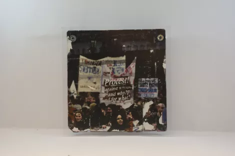 Protest - mixed media on 3.5" floppy disk - contemporary artwork Protest - mixed media on 3.5" floppy disk - contemporary artwork