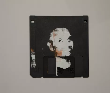 silk screened halftone portrait on 3.5" floppy disk silk screened halftone portrait on 3.5" floppy disk