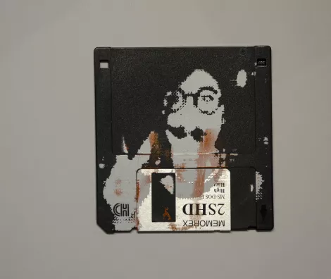 silk screened halftone portrait on 3.5" floppy disk silk screened halftone portrait on 3.5" floppy disk