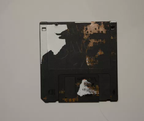 silk screened halftone portrait on 3.5" floppy disk silk screened halftone portrait on 3.5" floppy disk