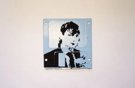 Silkscren of Roni on a 3.5" floppy disk. Contemporary artwork