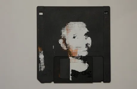 silk screened halftone portrait on 3.5" floppy disk silk screened halftone portrait on 3.5" floppy disk