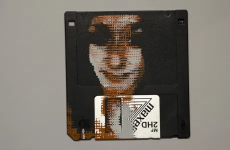 silk screened halftone portrait on 3.5" floppy disk silk screened halftone portrait on 3.5" floppy disk