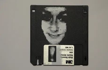 silk screened halftone portrait on 3.5" floppy disk silk screened halftone portrait on 3.5" floppy disk