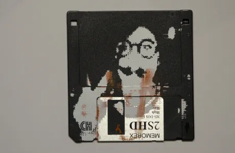 silk screened halftone portrait on 3.5" floppy disk silk screened halftone portrait on 3.5" floppy disk
