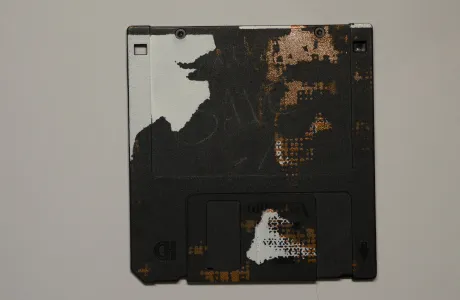 silk screened halftone portrait on 3.5" floppy disk silk screened halftone portrait on 3.5" floppy disk
