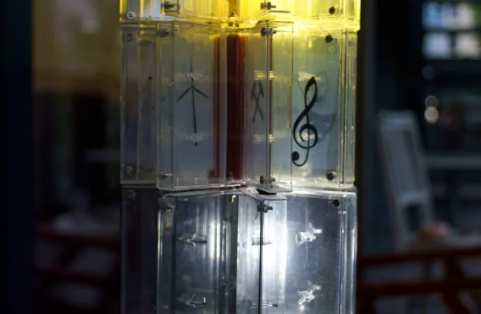 old mc cases made a lamp - interactive sculpture made of abandoned materials
