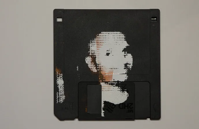 silk screened halftone portrait on 3.5" floppy disk silk screened halftone portrait on 3.5" floppy disk